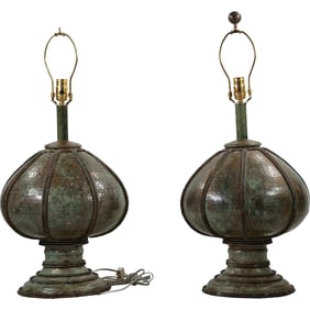 Pair Mid-Century Modern Copper "Mushroom" Table Lamps 31 inches overall height x 14 in. wide