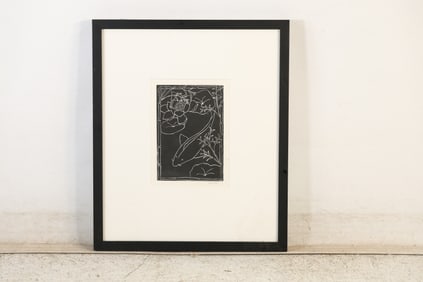 Donna Mayer, Pencil Signed Black and White Woodcut Lithograph, Koi Fish, Framed
