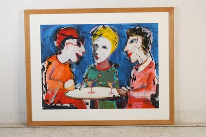 Gunther Temech (1942 - 2010), painting three stylized figures seated around a table with drinks