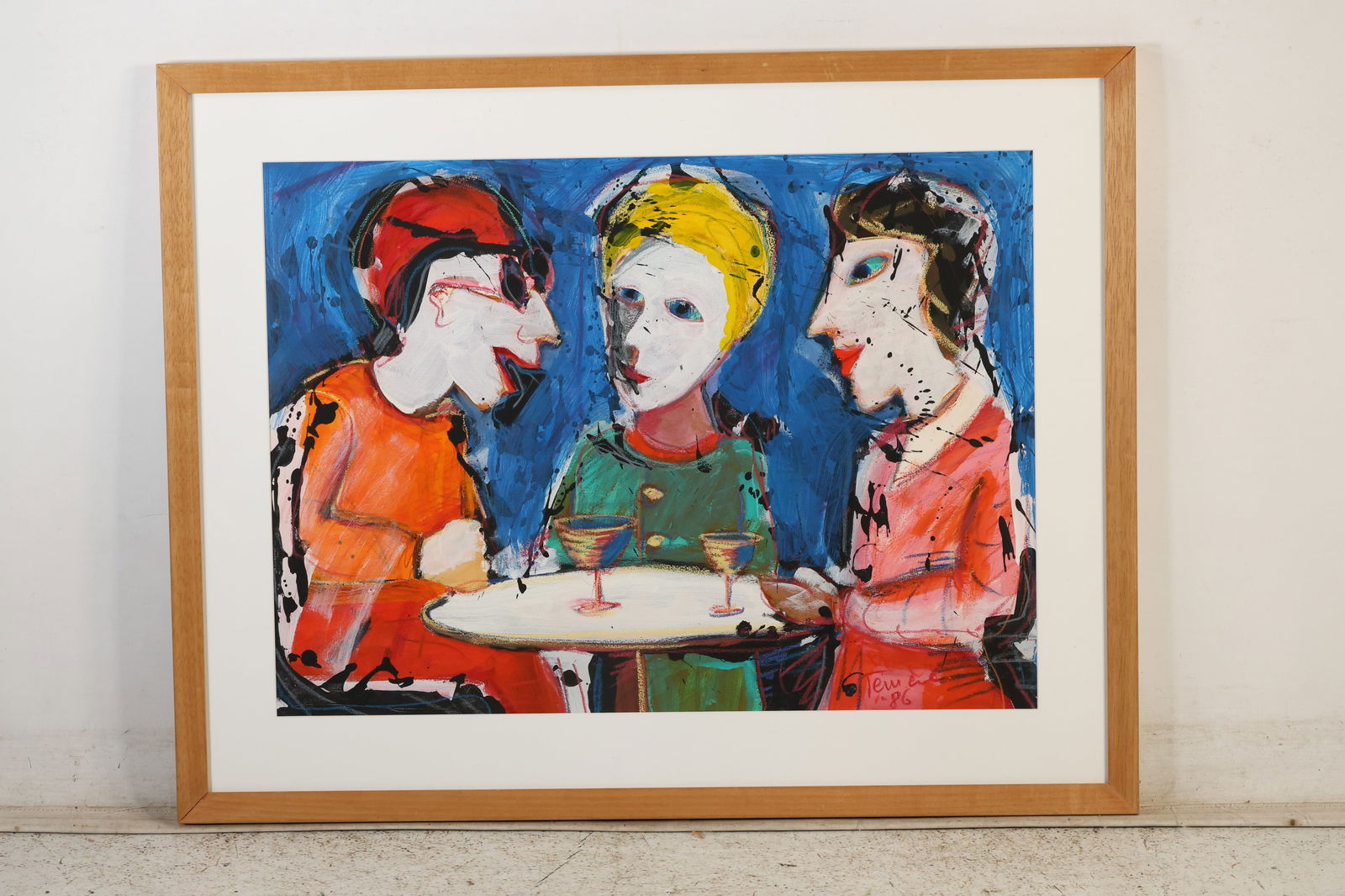 Gunther Temech (1942 - 2010), painting three stylized figures seated around a table with drinks (1 of 17)