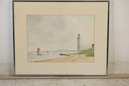 Signed D. Mayer '86, Watercolor Painting, Seascape with Sailboat and Lighthouse, Framed