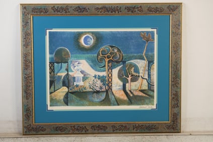 Signed color lithograph titled "Garden Nocturne" by the British artist Richard Slater (1927–2023)