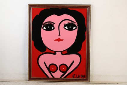Thomas Pulgini, American, Pop-Art Abstract Oil on Board Painting Pink Woman