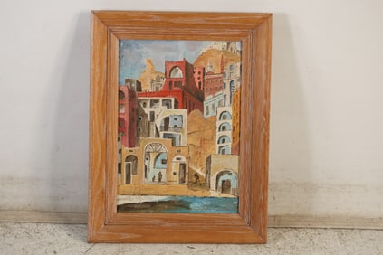 Oil painting depicting a town built on a hillside, likely in a Mediterranean / Middle Eastern region