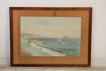 Signed Illegible Antique Watercolor Painting Seascape with Fishing Boat and Figures