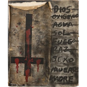 Latin American Oil Painting, inverted cross, often associated with anti-religious satanic symbolism
