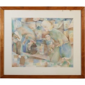 Tom Werner, NJ Artist, Watercolor Painting of Pastel Colors, Cubism Family and Figures, Signed