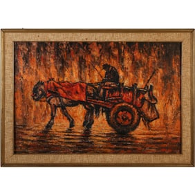 Signed TARDI 1955, Titled "Carrettiere", Oil on Canvas Painting, Framed