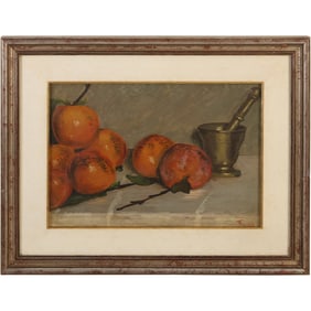 Vintage Still Life of Oranges Oil Painting Artist Signed Illegible, Framed