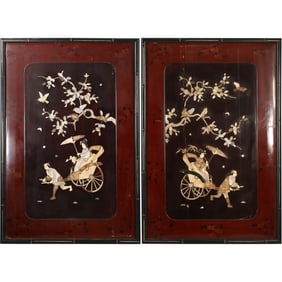 2 Vintage Japanese Lacquered Plaques with Hardstone Rickshaws and Figures 41.75 in. x 28.5 in.