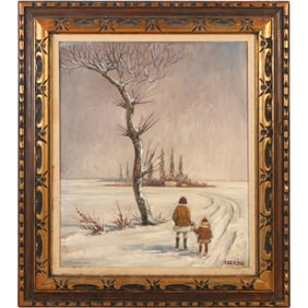Signed VEER 1968, Oil on Canvas Painting Two Sisters on Winter Path to Homestead