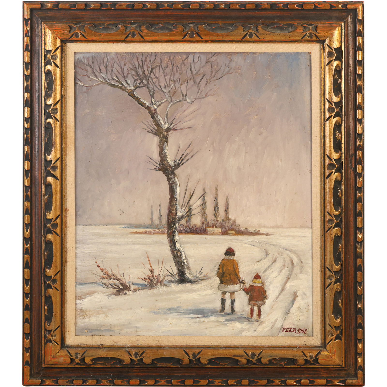 Signed VEER 1968, Oil on Canvas Painting Two Sisters on Winter Path to Homestead (1 of 11)