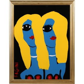 Thomas Pulgini, American, Pop-Art Abstract Oil on Board Painting TWINS BLUE WOMAN