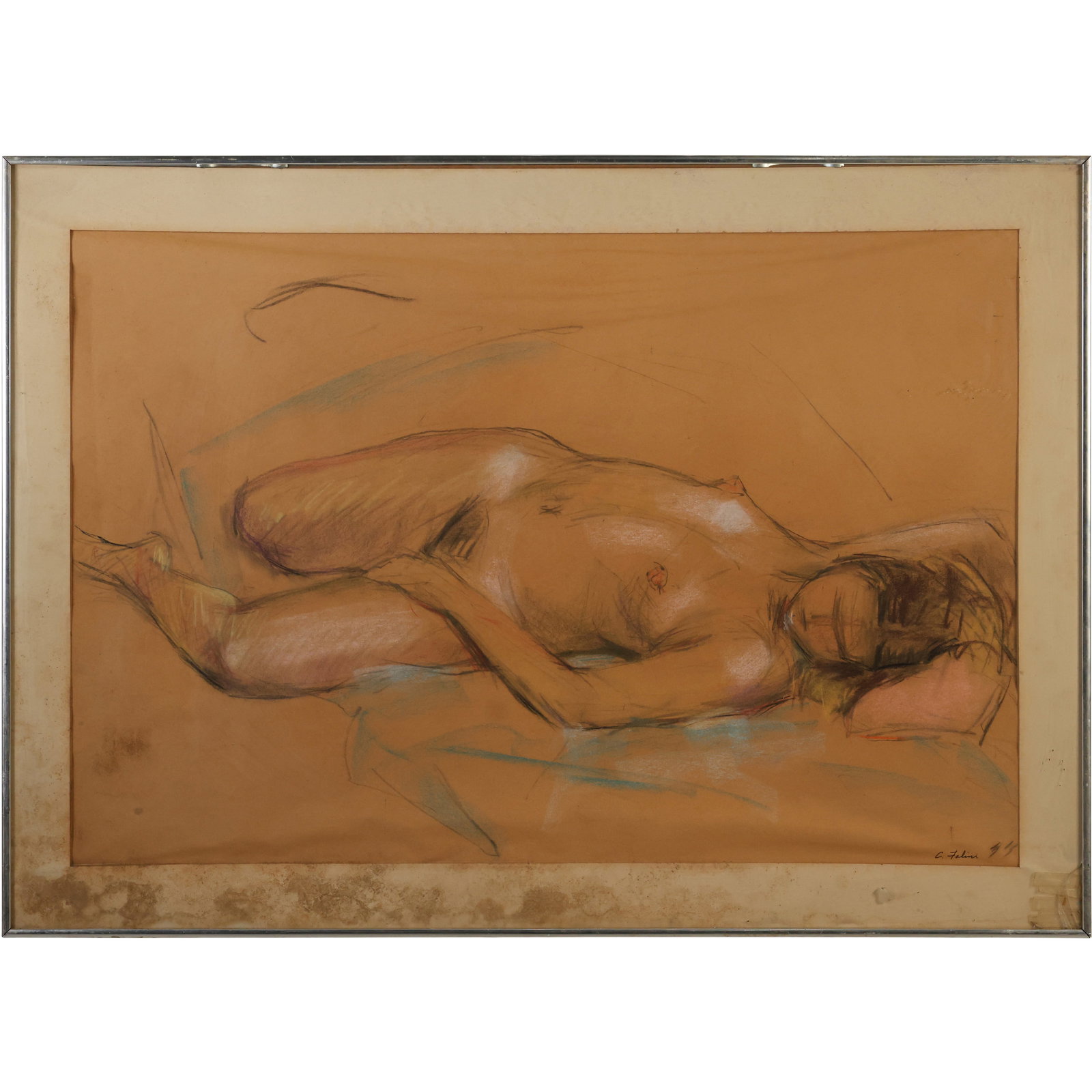 Corinne Falini, American PA, Drawing of a Relining Nude Female, Signed C. Falini: Corinne Falini, American PA, Drawing of a Relining Nude Female, Signed C. Falini. size: 23 x 24 outside frame 28 x 39