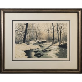 Linda Roberts Serigraph, winter scene with a stream flowing through a snow-covered forest, A/P #8/25