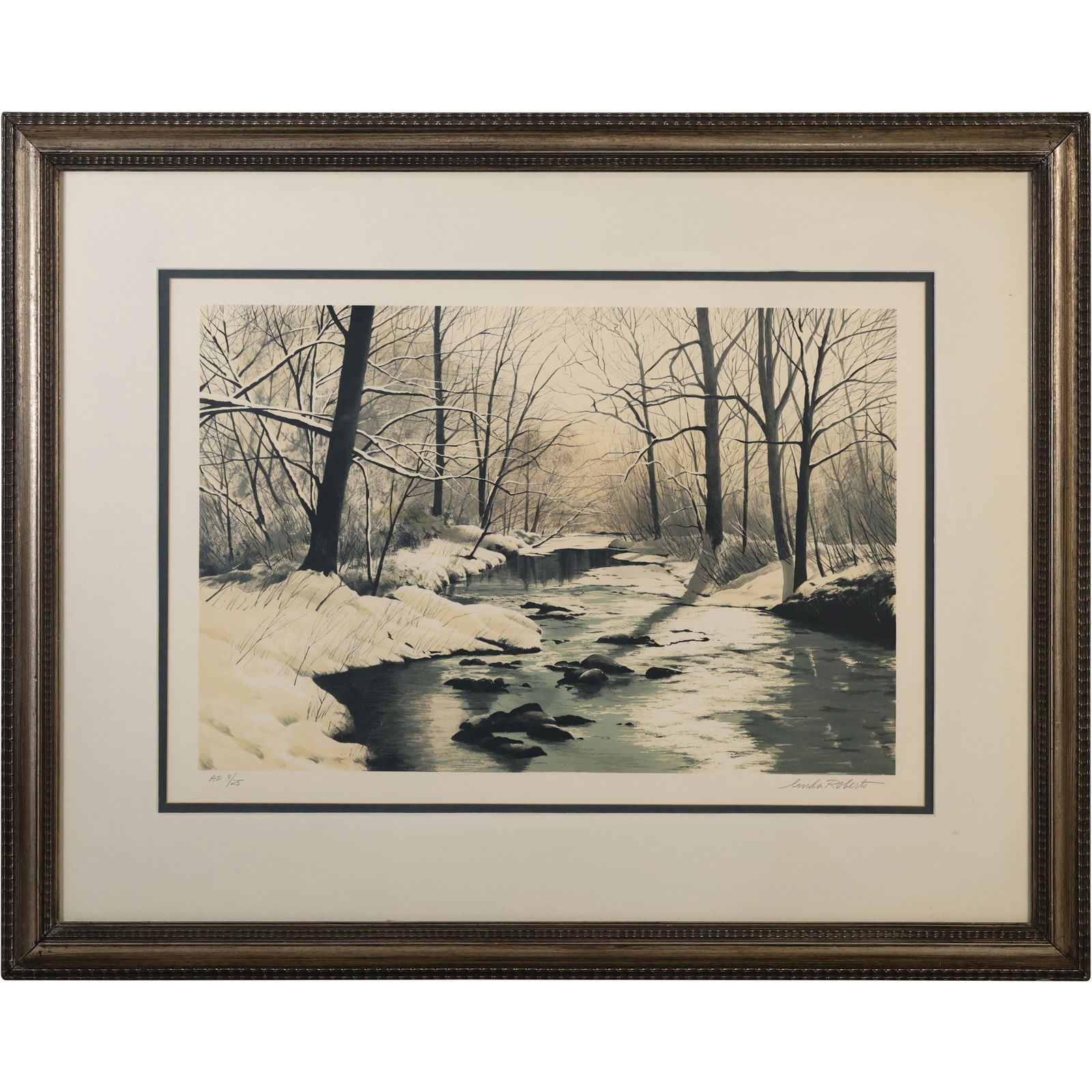 Linda Roberts Serigraph, winter scene with a stream flowing through a snow-covered forest, A/P #8/25 (1 of 17)