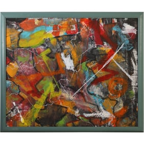 Dennis Sakelson, 20th C. American, Colrful Busy Abstract Oil on Board Painting, Signed