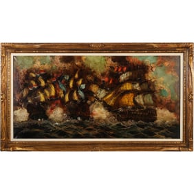 Attributed to Arturo Vasselli (Italian, 20th Century) Large Mid-Century sea battle oil painting