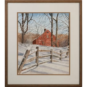 Margaret Bronford, Watercolor Painting, Winter Scene with Red Bard, Split Rail Fence, Signed