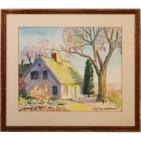 Amanda Hall Brownell, Watercolor Painting Quaint Rural Home in Landscape, Signed
