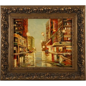 Signed Astrid, 20th C. Oil on Canvas Painting, City Street Scene , COA On Verso