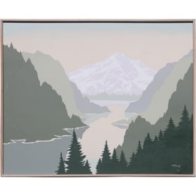 Fabulous Large Size Oil on Canvas Painting Minimalist River Valley with Mountains, Artist Signed