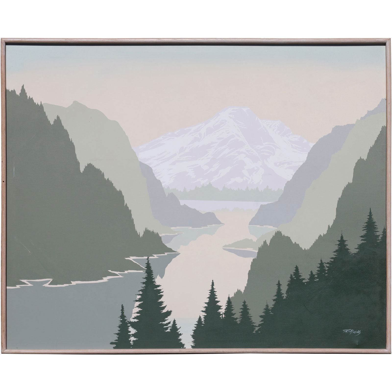 Fabulous Large Size Oil on Canvas Painting Minimalist River Valley with Mountains, Artist Signed (1 of 11)