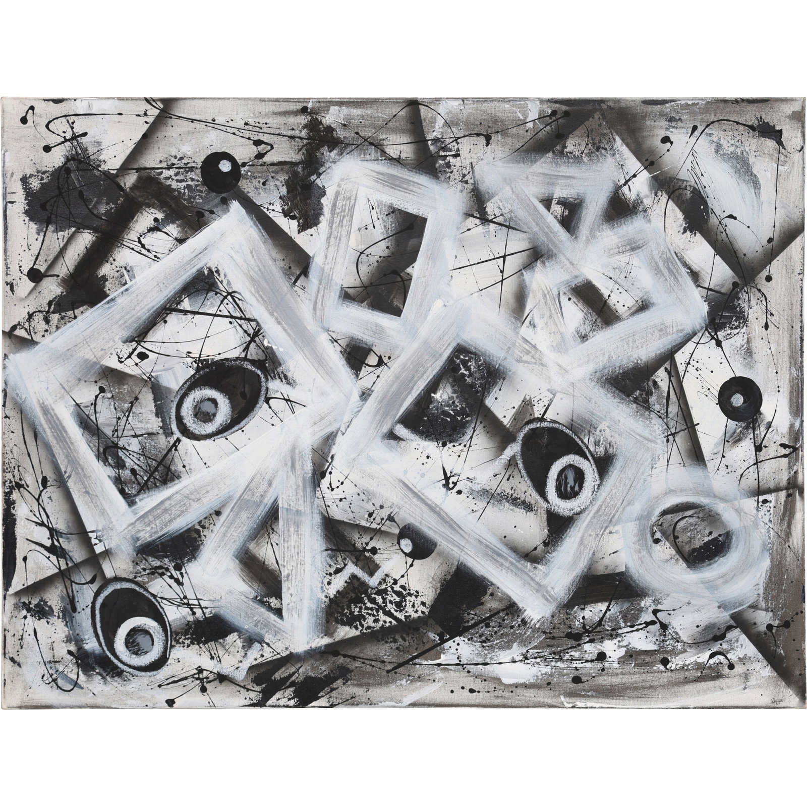 Dennis Sakelson, 20th C. American, Oil on Canvas Painting Abstract Black & White "Boxes": Dennis Sakelson, 20th C. American, Oil on Canvas Painting Abstract Black & White "Boxes" , Well Listed American Artist. size: 36 x 48 wht_bar