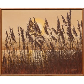 Signed LETTERMAN, serene coastal sunset scene, featuring: Sea Oats, Large Oil on Canvas Painting