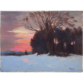 Louis Absalon, Signed And Estate Stamped, Oil on Board Painting Sunset Winter Thaw