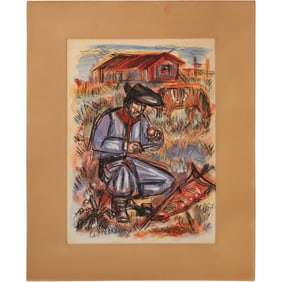 Artist Signed 1963, Mixed Media Lithograph Western Scene with Cowboy , Horse and Homestead