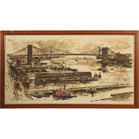"East River Looking North, NYC," a large-scale lithograph by John Haymson, Framed
