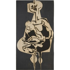 Vintage Woodblock Artwork Abstract Modernism Mother and Child