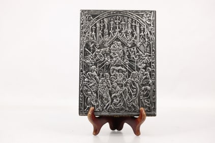 Antique silver religious plaque is a beautiful piece of art that showcases symbols of Christianity