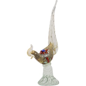 Murano Art Glass Pheasant Figure Sculpture Multi Colored Body, Gold Dust, 11.5 inches height