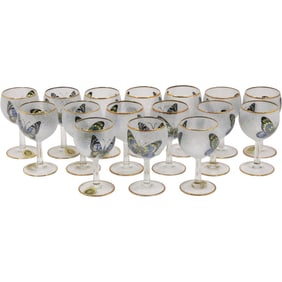 Set 16 Stemmed Water Goblets with "Butterflies" Motif, Vintage, Italian Glass