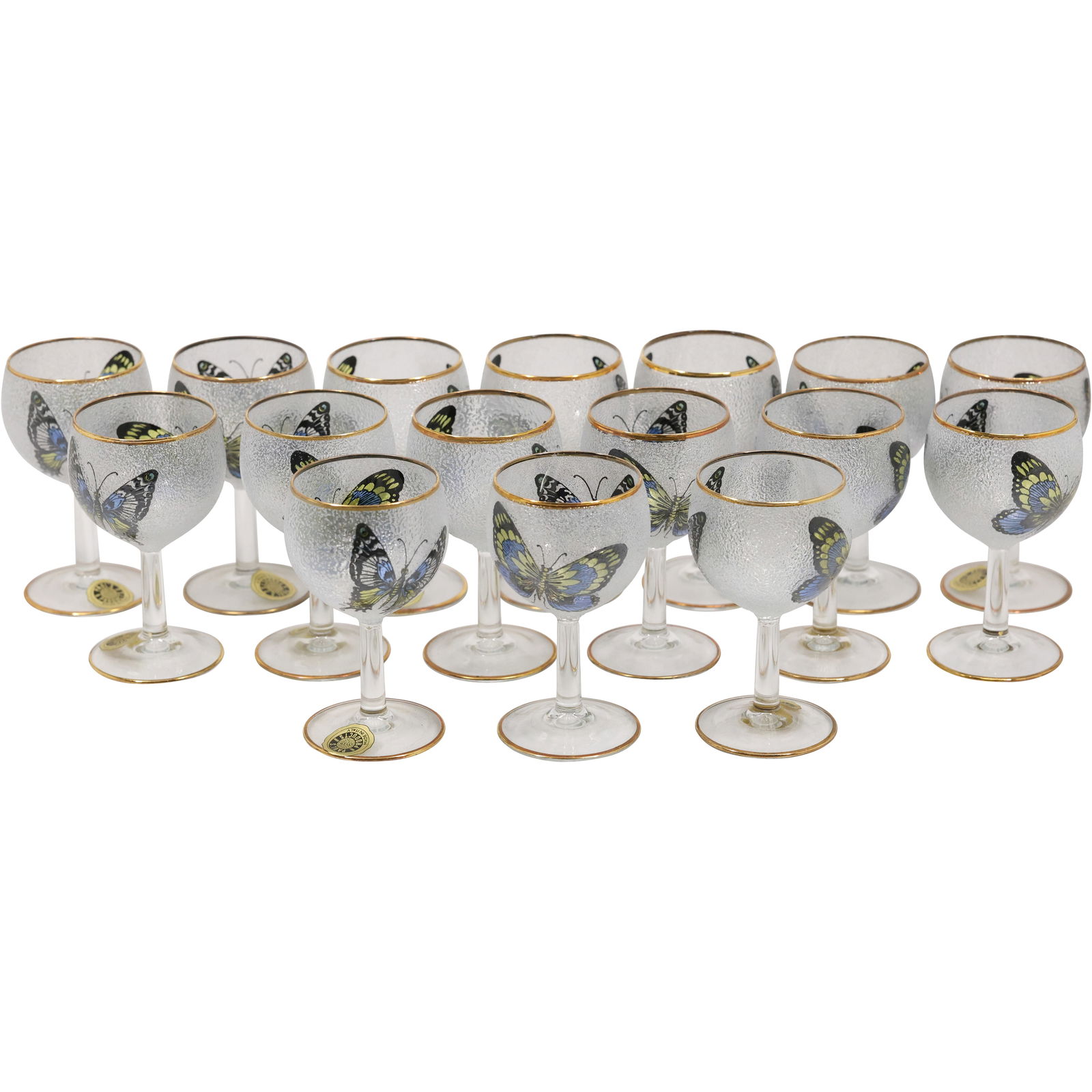 Set 16 Stemmed Water Goblets with "Butterflies" Motif, Vintage, Italian Glass: Set 16 Stemmed Water Goblets with "Butterflies" Motif, Vintage, Italian Glass. size: 5h 2.75w S:A