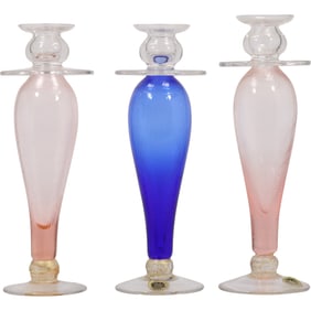 3 Italy Venetian Glass Candlesticks, Pair Pink and 1 Blue Single, 12 inches height