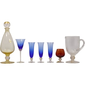 7 Assorted Colored Italian Glass Decanter, Pitcher, 3 Blue Flutes, 2 Cocktail Glasses