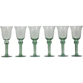 Set 6 Green Tinted Handblown Glass Water Goblets / Wine Glasses