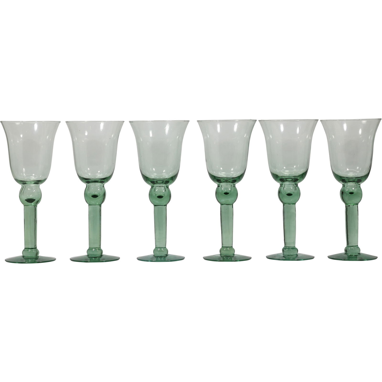 Set 6 Green Tinted Handblown Glass Water Goblets / Wine Glasses: Set 6 Green Tinted Handblown Glass Water Goblets / Wine Glasses. size: 8.5h 3.75w S:A