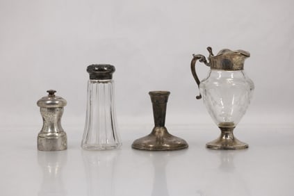 4 Assorted Sterling Silver Items: Pepper Mill, Sugar Shaker, Candlestick, Syrup Pitcher