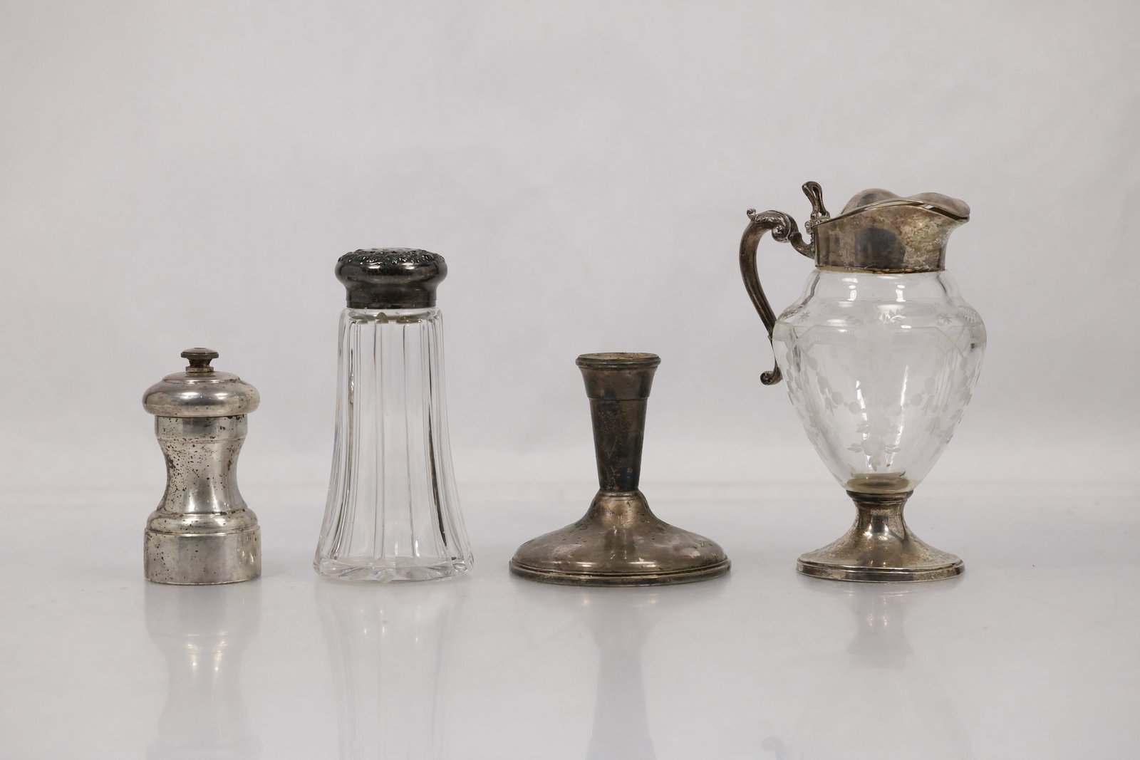 4 Assorted Sterling Silver Items: Pepper Mill, Sugar Shaker, Candlestick, Syrup Pitcher (1 of 16)