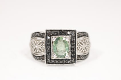 .925 Sterling Silver Blue Topaz Surrounded By Black Diamonds With Clear Diamonds on Sides Ring