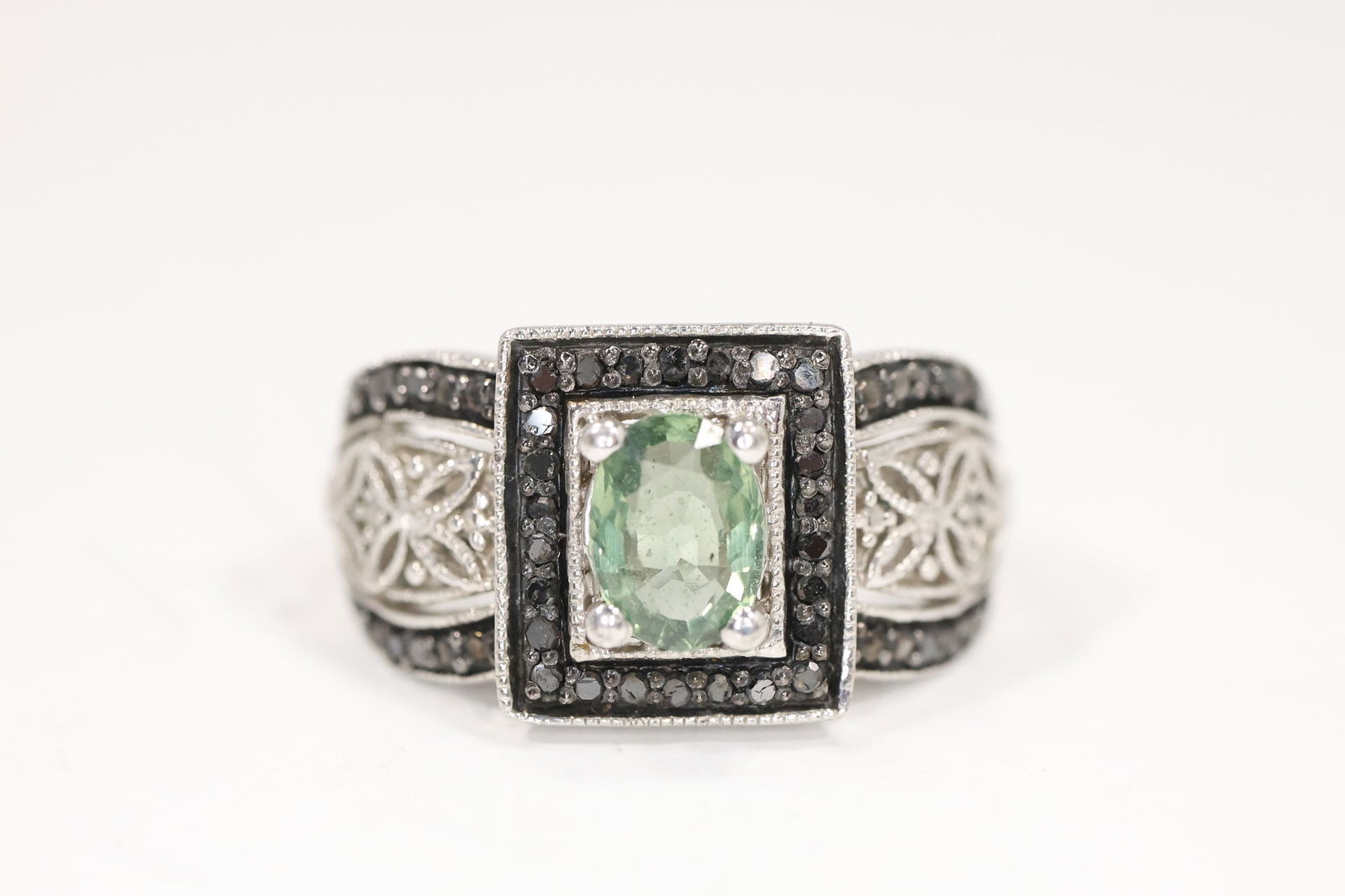.925 Sterling Silver Blue Topaz Surrounded By Black Diamonds With Clear Diamonds on Sides Ring