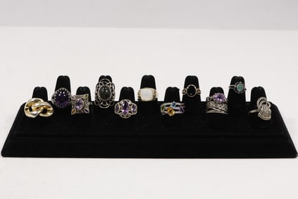 11 Assorted Sterling Silver Rings Sizes 9 to 4.5, Stones Include Purple Amethyst, Black Onyx,