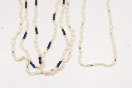 4 Seed Pearls Necklaces With Lapis and 14K Gold Bead Spacers; Sizes 126.5 in. to 18.75 in.