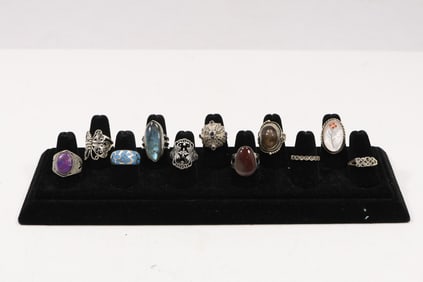 11 Assorted Sterling Silver Rings Sixes 9 to 6.25, Stones Include Purple Amethyst, Black Onyx,