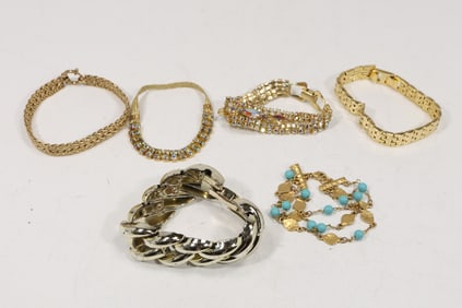 6 Assorted Fashion Bracelets: Ralph Lauren with Turquoise Beads; Rhinestone Bracelet; Gold Tone