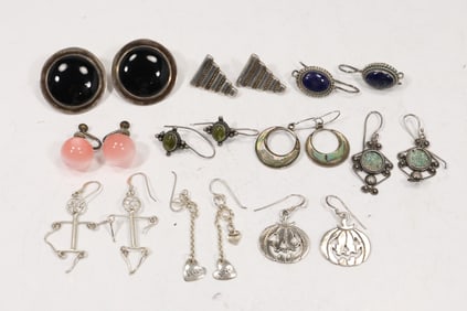 10 Pairs Sterling Silver Earrings - Nice Assortment - See Pictures